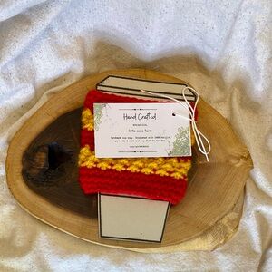 Crochet coffee cozy red and gold for small to medium coffee or tea cup